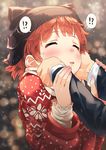  1girl animal_hat blush cheek_squash closed_eyes hands_on_another's_cheeks hands_on_another's_face hat highres idolmaster idolmaster_million_live! narumi_arata nonohara_akane out_of_frame red_hair scarf short_hair snow solo_focus sweat sweater 