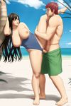  1girl beach black_hair blue_eyes blue_swimsuit breasts brown_eyes cum cum_in_pussy day eye_contact happy_sex hetero highres iowa_(pacific) kantai_collection large_breasts leg_up long_hair looking_at_another lvl_(sentrythe2310) male_swimwear nipples no_hat no_headwear one-piece_swimsuit pacific penis red_hair sex smile swim_trunks swimsuit swimsuit_aside swimsuit_pull swimwear 