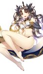  :d ass barefoot black_gloves black_hair breasts crown earrings elbow_gloves fate/grand_order fate_(series) ganik gloves heavenly_boat_maanna highres ishtar_(fate/grand_order) jewelry legs long_hair long_legs looking_at_viewer medium_breasts midriff nail_polish navel open_mouth plantar_flexion red_eyes red_nails simple_background sitting smile solo teeth thighs white_background 