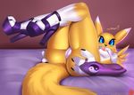 2016 anthro areola black_sclera blue_eyes breasts bridal_gauntlets butt canine clothing cute dialogue digimon doomthewolf english_text female footwear fox fur hand_on_butt high_heels looking_at_viewer lying mammal mostly_nude nipples on_back patreon platform_footwear platform_heels pussy renamon shoes solo text tuft 