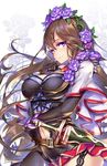  black_gloves breasts brown_hair capelet closed_mouth commentary_request cowboy_shot elbow_gloves floral_background flower from_side gloves granblue_fantasy hair_between_eyes hair_flower hair_ornament hong_(white_spider) large_breasts long_hair looking_at_viewer looking_to_the_side navel purple_eyes purple_flower purple_rose rose rosetta_(granblue_fantasy) smile solo very_long_hair 