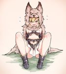  berserker_(granblue_fantasy) black_footwear blonde_hair boots breasts breath cleavage djeeta_(granblue_fantasy) done_(donezumi) drooling granblue_fantasy medium_breasts midriff navel open_mouth protected_link saliva solo wolf_pelt yellow_eyes 