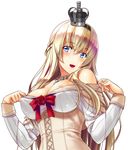  areola_slip areolae bad_id bad_twitter_id bangs bare_shoulders blonde_hair blue_eyes braid breasts cleavage corset crown dress eyebrows_visible_through_hair eyes_visible_through_hair flower french_braid hair_between_eyes hairband jewelry kantai_collection large_breasts long_hair long_sleeves mini_crown necklace off-shoulder_dress off_shoulder open_mouth red_flower red_ribbon red_rose ribbon rose sakaki_maki smile solo undressing warspite_(kantai_collection) white_background white_dress 