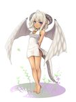  ahoge arms_behind_back bare_legs bare_shoulders barefoot blue_eyes china_dress chinese_clothes cleavage_cutout crossed_legs dark_skin dragon_girl dragon_wings dress full_body horns light_smile looking_at_viewer mochi.f monster_girl original platinum_blonde_hair pointy_ears short_hair slit_pupils solo tail tiptoes white_dress wings 