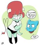  2015 anthro blush caprine cartoon_network cat clothing comfysaur duo english_text eyes_closed feline female flat_chested fur green_fur gumball_watterson hair holding_arm horn jamie_russo loli mammal red_hair red_nose shota smile speech_bubble sweat teeth text the_amazing_world_of_gumball young 