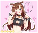  animal_ears bell bell_choker black_bra black_ribbon blush border bra breasts brown_eyes brown_hair cat_cutout cat_ears cat_lingerie choker cleavage_cutout collarbone d.va_(overwatch) facepaint facial_mark frilled_bra frills highres jingle_bell king_usagi long_hair looking_at_viewer medium_breasts meme_attire navel one_eye_closed open_mouth outline overwatch paw_pose paw_print pink_background ribbon simple_background solo speech_bubble square translation_request underwear upper_body whisker_markings white_border wrist_ribbon 