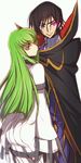  1girl ass black_hair c.c. code_geass couple creayus green_hair laughing lelouch_lamperouge long_hair looking_at_viewer simple_background smile white_background yellow_eyes 