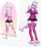  anthro clothed clothing comparison feline female legwear llirika looking_at_viewer mammal open_mouth smile solo standing thigh_highs 