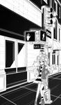  american_flag_dress american_flag_legwear cellphone clownpiece dress eyebrows_visible_through_hair greyscale hat highres jacket jester_cap lamppost leaning_back long_hair monochrome nagi_(nagito) phone polka_dot road road_sign shoes short_dress sign smartphone sneakers solo street touhou wings 