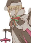  artoria_pendragon_(all) black_santa_costume blonde_hair fate/grand_order fate_(series) fur_trim gloves hat hiro_(hirohiro31) looking_at_viewer sack santa_alter santa_costume santa_hat simple_background solo sword weapon yellow_eyes 