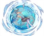  1boy black_hair blue_eyes blue_hair blue_hat blue_shoes boots ear_piercing earrings hat high_heels holding_staff jewelry long_hair looking_at_viewer magical_boy male_focus multicolored_hair original piercing r-744 shoes sleeveless solo staff tattoo two-tone_hair water weapon witch_hat 