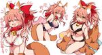  1girl :3 :d ^_^ animal_ears bell bell_collar black_bra black_panties blush bow bra breasts cleavage closed_eyes collar contrapposto eru eyebrows_visible_through_hair fang fate/grand_order fate_(series) fox_ears fox_tail gloves hair_between_eyes hair_bow hair_ornament heart jingle_bell large_breasts leaning_forward light_brown_eyes multiple_views navel open_mouth panties paw_gloves paws pink_bra pink_hair pink_panties ponytail ribbon-trimmed_bra ribbon-trimmed_panties sitting smile tail tamamo_(fate)_(all) tamamo_cat_(fate) underwear underwear_only v-shaped_eyebrows white_bra 