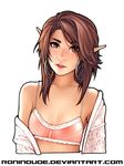  bra brown_hair commentary earrings elf eyebrows flat_chest freckles frilled_bra frills highres hoop_earrings jewelry lips long_hair off_shoulder open_mouth parted_lips pink_bra pointy_ears ronindude solo underwear 