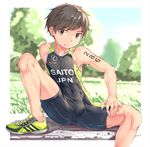  1boy brown_eyes brown_hair bulge erection_under_clothes licking male_focus original r-744 shoes short_hair sneakers solo sportswear sweat tongue tongue_out track_uniform 
