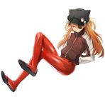  absurdres animal_hat badge blue_eyes bodysuit closed_mouth crossed_legs evangelion:_3.0_you_can_(not)_redo eyepatch full_body hands_in_pockets hat hieung highres jacket long_hair looking_at_viewer neon_genesis_evangelion one_eye_covered orange_hair pilot_suit plugsuit rebuild_of_evangelion red_bodysuit scowl shikinami_asuka_langley simple_background skin_tight solo souryuu_asuka_langley track_jacket white_background zipper 