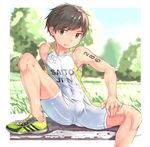  1boy brown_eyes brown_hair bulge erection_under_clothes licking male_focus original r-744 shoes short_hair sneakers solo sportswear sweat tongue tongue_out track_uniform 