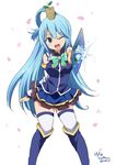  aqua_(konosuba) blue_eyes blue_hair blush detached_sleeves fan folding_fan highres image_sample kono_subarashii_sekai_ni_shukufuku_wo! long_hair one_eye_closed open_mouth ragho_no_erika smile solo thighhighs twitter_sample very_long_hair 