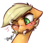  2016 applejack_(mlp) blonde_hair blush captainpudgemuffin cum cum_in_hair cum_in_mouth cum_inside cum_on_face equine frekcles friendship_is_magic fur green_eyes hair horse mammal my_little_pony open_mouth orange_fur pony solo text 