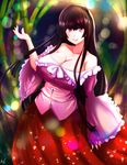  :&gt; alternate_breast_size bare_shoulders black_hair blurry blush breasts cleavage closed_mouth collarbone commentary_request cowboy_shot depth_of_field floral_print frilled_sleeves frills highres hime_cut houraisan_kaguya ibara_azuki large_breasts long_sleeves looking_at_viewer off-shoulder_shirt pink_eyes pink_shirt red_skirt shirt sidelocks skirt smile solo touhou wide_sleeves 