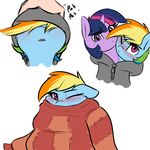  2016 blue_fur blush captainpudgemuffin clothed clothing duo embarrassed english_text equine female friendship_is_magic fur hair hoodie horn horse looking_at_viewer mammal multicolored_hair my_little_pony open_mouth pony purple_eyes purple_fur purple_hair rainbow_dash_(mlp) rainbow_hair simple_background sweater text twilight_sparkle_(mlp) 