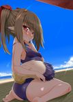  animal_ears ass barefoot beach beach_umbrella breasts brown_hair cloud covered_nipples day finger_sucking from_behind highres long_hair looking_back micchan nekone_(utawareru_mono) ocean one-piece_swimsuit red_eyes school_swimsuit sitting sky small_breasts solo swimsuit tail twintails umbrella utawareru_mono utawareru_mono:_itsuwari_no_kamen 
