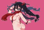  areolae ass bad_anatomy bare_shoulders belly blush body_blush breasts cowboy_shot eyebrows_visible_through_hair floating_hair from_behind grin hair_between_eyes hair_ribbon highres huge_breasts large_breasts long_hair looking_back low-tied_long_hair mouth_hold original pink_background plump red_ribbon red_scarf red_swimsuit ribbon salute scarf simple_background slingshot_swimsuit smile solo string_bikini swimsuit twintails twisted_torso wristband zankuro 
