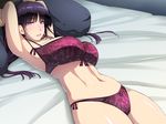  1girl armpits arms_up bare_shoulders bed blush bra breasts cameltoe cleavage embarrassed highres huge_breasts kneeling legs long_hair looking_down lying navel on_bed original panties parted_lips purple_eyes purple_hair solo_focus thighs underwear yoko_juusuke 