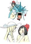  beamed_eighth_notes beanie black_eyes black_hair blonde_hair braid dirty from_side gen_1_pokemon green_eyes gyarados hat lillie_(pokemon) long_hair mizuki_(pokemon) multiple_girls murata_(igaratara) musical_note one_eye_closed open_mouth pokemon pokemon_(creature) pokemon_(game) pokemon_sm red_hat short_hair simple_background sleeveless twin_braids white_background yuri 