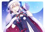  artoria_pendragon_(all) bangs benitsuki_tsubasa black_gloves blonde_hair blue_dress breasts cleavage cloak dark_excalibur dress dutch_angle eyebrows_visible_through_hair fate/grand_order fate_(series) full_moon fur_trim gloves green_ribbon grin hair_between_eyes hair_ribbon hat holding holding_sword holding_weapon looking_at_viewer medium_breasts moon red_ribbon ribbon sack santa_alter santa_hat smile snow solo striped striped_ribbon sword teeth weapon yellow_eyes 