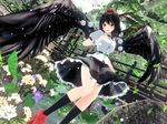  3d black_hair black_wings blush bridge commentary dutch_angle flower garden hand_up hat highres kurogoma_(meganegurasan) lantern light_particles mikumikudance neck_ribbon open_mouth pom_pom_(clothes) red_eyes ribbon rock shameimaru_aya short_hair skirt smile solo tokin_hat touhou tree water wings 