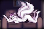  2016 animal_genitalia animal_penis anthro areola black_nipples black_penis breasts butt canine canine_penis dickgirl fox fur green_eyes hair intersex long_hair looking_at_viewer lying mammal multi_tail nipples nude on_front penis porin purple_hair side_boob side_view smile solo white_fur white_hair 