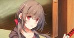  bow brown_hair collarbone eyebrows_visible_through_hair hair_bow holding konomi_(yappen) long_hair looking_at_viewer original parted_lips preview red_bow red_eyes solo yappen 