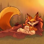  2016 arm_support big_breasts blush breasts cute_fangs delphox female grass hand_on_hip leaning_on_elbow looking_at_viewer lying nintendo on_side outside plagueofgripes pok&eacute;mon pok&eacute;morph red_eyes tree video_games 