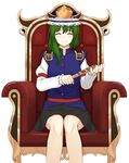  ^_^ arm_garter black_skirt blue_vest buttons closed_eyes cowboy_shot epaulettes facing_viewer frilled_hat frilled_sleeves frills green_hair hat highres juliet_sleeves knees_together long_sleeves ozu_(agito100001) puffy_sleeves red_sash rod_of_remorse sash shiki_eiki simple_background sitting skirt smile solo throne touhou turtleneck vest white_background yin_yang 
