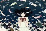  air_bubble black_hair blue_eyes book bookmark bubble commentary dress floating_hair glasses holding holding_book long_hair original reading serious solo surreal underwater upper_body white_dress yajirushi_(chanoma) 