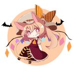  1girl animal_ears ascot asymmetrical_hair bad_id bad_pixiv_id bat between_legs blonde_hair blush bow cat_ears cat_tail chibi circle crystal dress eyebrows_visible_through_hair fang_out flandre_scarlet frilled_dress frills full_body hat hat_bow kemonomimi_mode knees_together_feet_apart kurokii looking_at_viewer lowres mob_cap orange_bow orange_legwear pantyhose puffy_short_sleeves puffy_sleeves red_dress red_eyes short_sleeves simple_background smile solo striped striped_legwear tail tail_between_legs touhou wings yellow_neckwear 