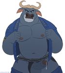  2016 anthro balls bovine buffalo cape_buffalo cattle chief_bogo clothed clothing disney erection ethancostas flat_colors horn humanoid_penis jockstrap leaking looking_at_viewer male mammal manly musclegut navel nipples pants_down partially_clothed pecs penis pinup police_officer pose precum presenting signature smile solo underwear uniform zootopia 