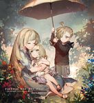  2girls artist_name asymmetrical_hair bangs blonde_hair blue_dress blunt_bangs blush braid brother_and_sister character_name closed_eyes commentary copyright_name dress family flower gladio_(pokemon) green_eyes hair_over_one_eye holding holding_umbrella hood hoodie kawacy lillie_(pokemon) long_hair long_sleeves lusamine_(pokemon) mary_janes mother_and_daughter mother_and_son multiple_girls no_socks outdoors pokemon pokemon_(game) pokemon_sm rain shoes short_sleeves shorts siblings tree twin_braids umbrella very_long_hair white_dress younger 