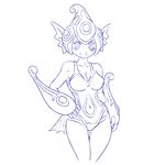  2016 armor blue_and_white breasts cleavage clothed clothing digimon ear_fins female fin gauntlets gloves hand_on_hip helmet humanoid looking_at_viewer monochrome navel plagueofgripes ranamon simple_background skimpy smile solo white_background 