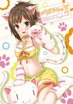  :3 animal_costume animal_ears armband bangs bikini_top breasts cat_costume cat_ears cat_tail circle_name cleavage collar copyright_name cover cover_page doujin_cover fang gloves idolmaster idolmaster_cinderella_girls kisaragi_miyu looking_at_viewer maekawa_miku medium_breasts open_mouth paw_gloves paw_pose paw_print paw_shoes paws shoes short_shorts shorts smile solo tail yellow_shorts 