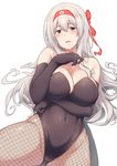  absurdres bare_shoulders black_gloves black_leotard blush breast_hold breast_press breasts clenched_hands covered_navel detached_sleeves elbow_gloves eyebrows eyebrows_visible_through_hair fishnet_pantyhose fishnets gloves hair_ribbon hairband hands_on_own_chest head_tilt highres kantai_collection large_breasts leotard long_hair long_sleeves looking_at_viewer navel open_mouth pantyhose playboy_bunny_leotard red_ribbon ribbon shoukaku_(kantai_collection) side_ribbon silver_hair solo suisen_toire_(moko924) white_hair 