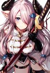  bare_shoulders between_breasts black_legwear blue_eyes blush braid breasts closed_mouth commentary_request cowboy_shot draph granblue_fantasy hair_ornament hair_over_one_eye highres holding holding_sword holding_weapon horns katana large_breasts lavender_hair leaning_forward long_hair looking_at_viewer narmaya_(granblue_fantasy) oyu_(sijimisizimi) pointy_ears scabbard sheath sheathed sideboob sidelocks simple_background single_thighhigh smile solo sword thigh_strap thighhighs thighs weapon white_background 