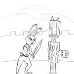  2016 alternate_universe anthro clothed clothing digital_media_(artwork) disney fur judy_hopps lagomorph mammal melee_weapon monochrome rabbit sweat sword unknown_artist weapon wood zootopia 