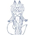  2016 big_breasts blue_and_white breasts claws delphox featureless_breasts featureless_crotch female looking_at_viewer monochrome navel nintendo plagueofgripes pok&eacute;mon pok&eacute;morph simple_background smile standing video_games white_background 