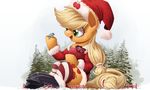  2016 applejack_(mlp) blonde_hair christmas clothed clothing cutie_mark duo earth_pony equine eyelashes female fence feral freckles friendship_is_magic gift green_eyes hair hat hi_res holidays hooves horse legwear long_hair macro mammal multicolored_hair my_little_pony ncmares open_mouth outside pegasus pony rainbow_dash_(mlp) rainbow_hair santa_hat sitting tree wings 