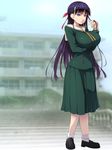  1girl adjusting_hair breast_hold breasts feet full_body green_skirt hair_ribbon highres huge_breasts legs long_hair long_skirt long_sleeves looking_at_viewer original outdoors purple_eyes purple_hair raised_eyebrows ribbon school school_uniform shoes skirt socks solo standing thighs yoko_juusuke 