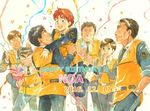  2girls 5boys arm_hair birthday black_hair blue_eyes brown_eyes brown_hair character_name confetti dated eye_contact gaiters glasses gotou_kiichi hands_in_pockets hands_together happy happy_birthday heart hug izumi_noa jumping kidou_keisatsu_patlabor kumagami_takeo looking_at_another multiple_boys multiple_girls necktie oota_isao party_popper police police_uniform red_hair shinohara_asuma shinshi_mikiyasu short_hair simple_background sleeves_rolled_up smile star streamers traditional_media uniform uniform_vest ususionorisio vest watercolor_(medium) white_background yamazaki_hiromi 
