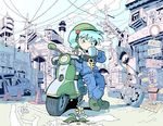  arm_support blue_eyes blue_hair blue_jacket blue_pants boots crossed_legs cup daisy drinking eyebrows_visible_through_hair flower full_body green_footwear ground_vehicle hair_bobbles hair_ornament helmet highres jacket kawashiro_nitori key key_necklace long_sleeves motor_vehicle moyazou_(kitaguni_moyashi_seizoujo) mug open_clothes open_jacket pants petals phone pocket power_lines road_sign scooter sign smokestack solo standing strapless touhou traffic_cone traffic_mirror tubetop two_side_up unzipped wheel white_flower zipper zipper_pull_tab 