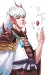  alternate_hair_length alternate_hairstyle antlers armor bangs bei_ju_luoxuan_wan black_sclera closed_mouth cosplay floating floating_object food from_side fruit gintama highres ibaraki_(onmyoji) ibaraki_(onmyoji)_(cosplay) japanese_clothes lips long_hair long_sleeves looking_at_viewer male_focus onmyoji pauldrons red_eyes sakata_gintoki sash simple_background smoke solo spikes strawberry upper_body white_background wide_sleeves 