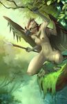  5_fingers amber_eyes anthro avian beak bird breasts detailed_background female holding_object holding_weapon melee_weapon moss navel nipples outside polearm pussy solo spear weapon yulliandress 